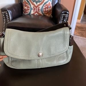 Coach Chelsea Mint Green and Dark Brown Leather Pebble Flab Shoulder Bag - F2336